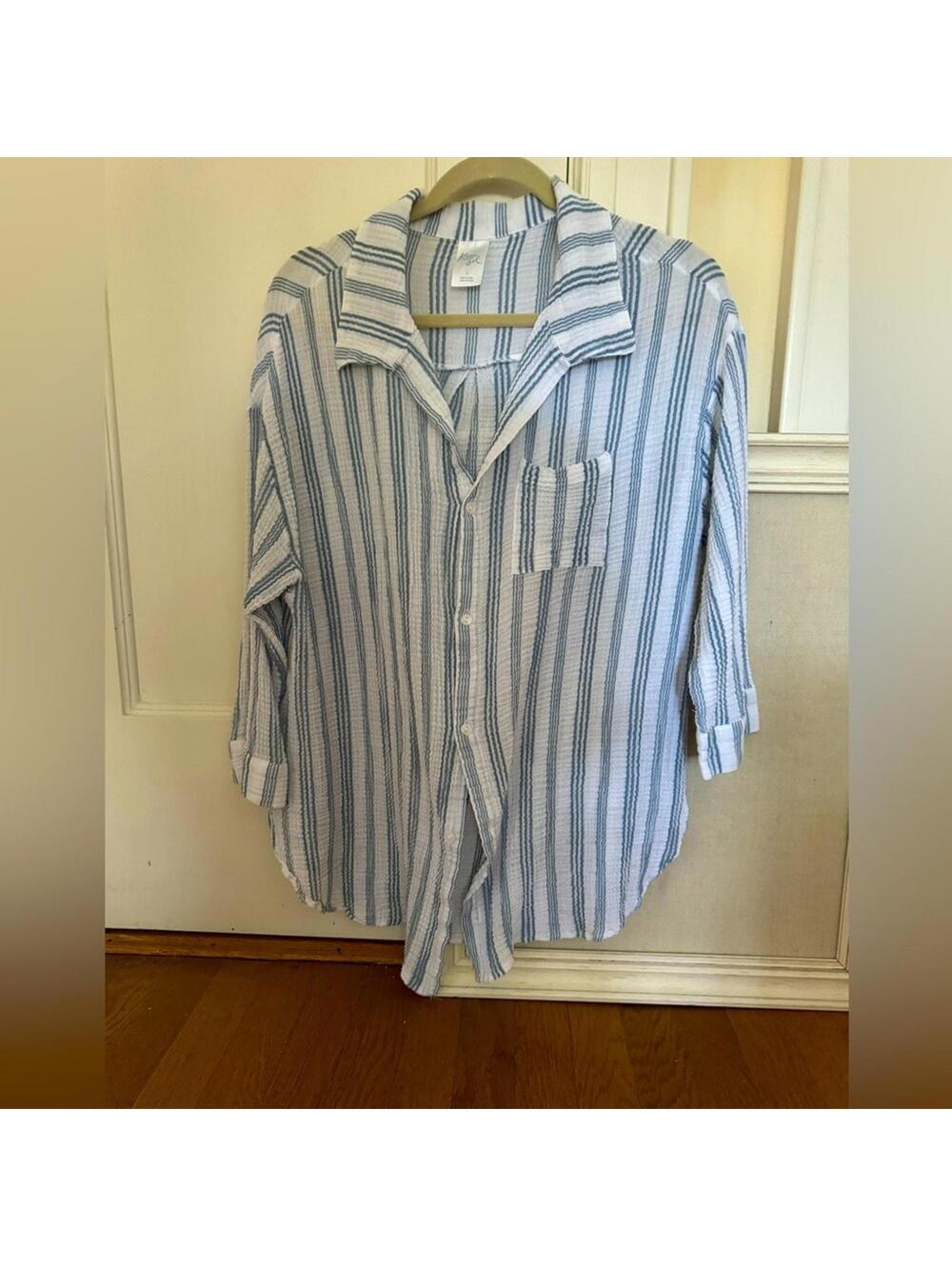 Kona Sol blue and white striped gauzy flowy button down shirt L